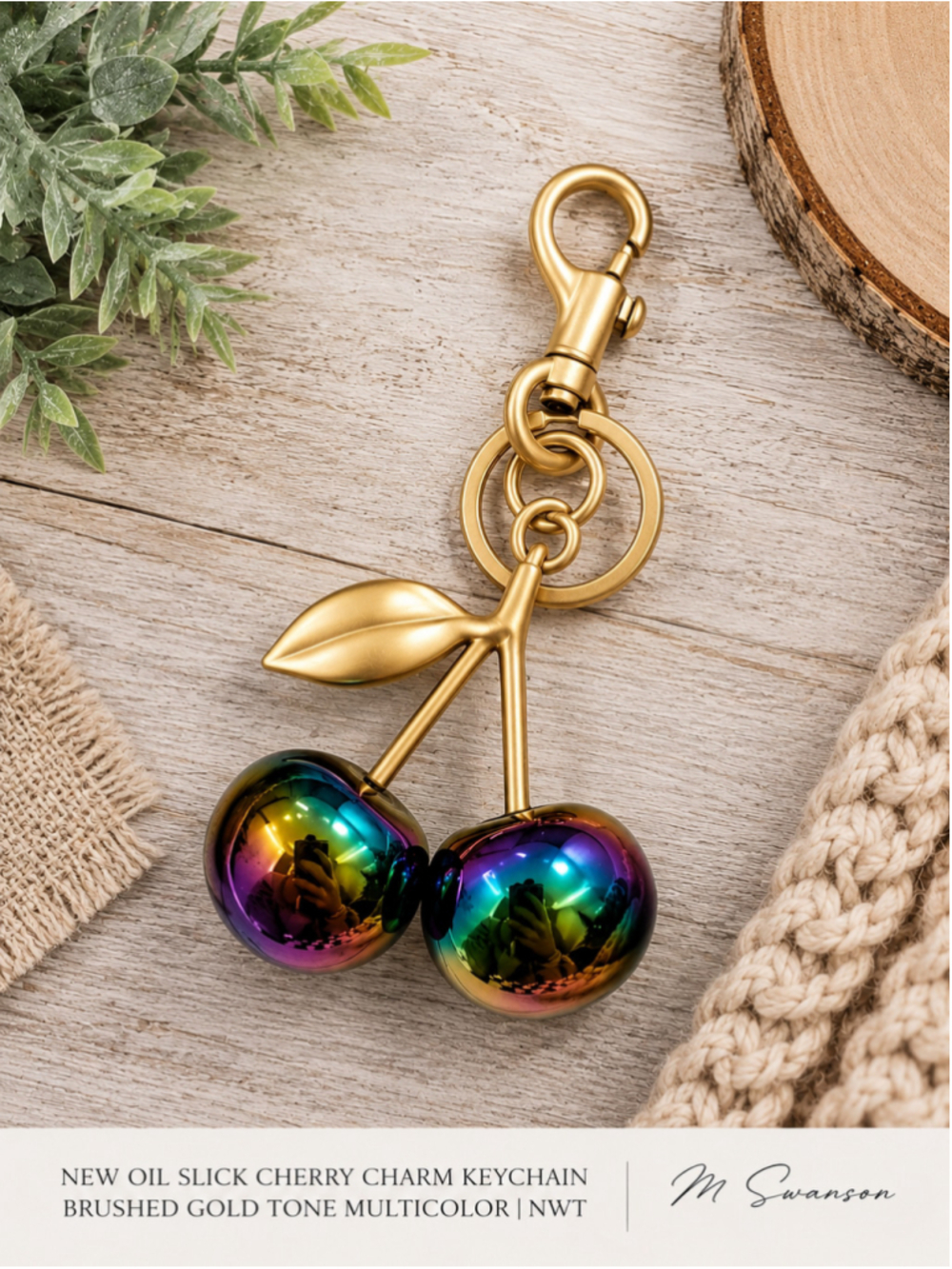 NEW Cherry Charm Keychain Gold and Multicolor Oil Slick NWT